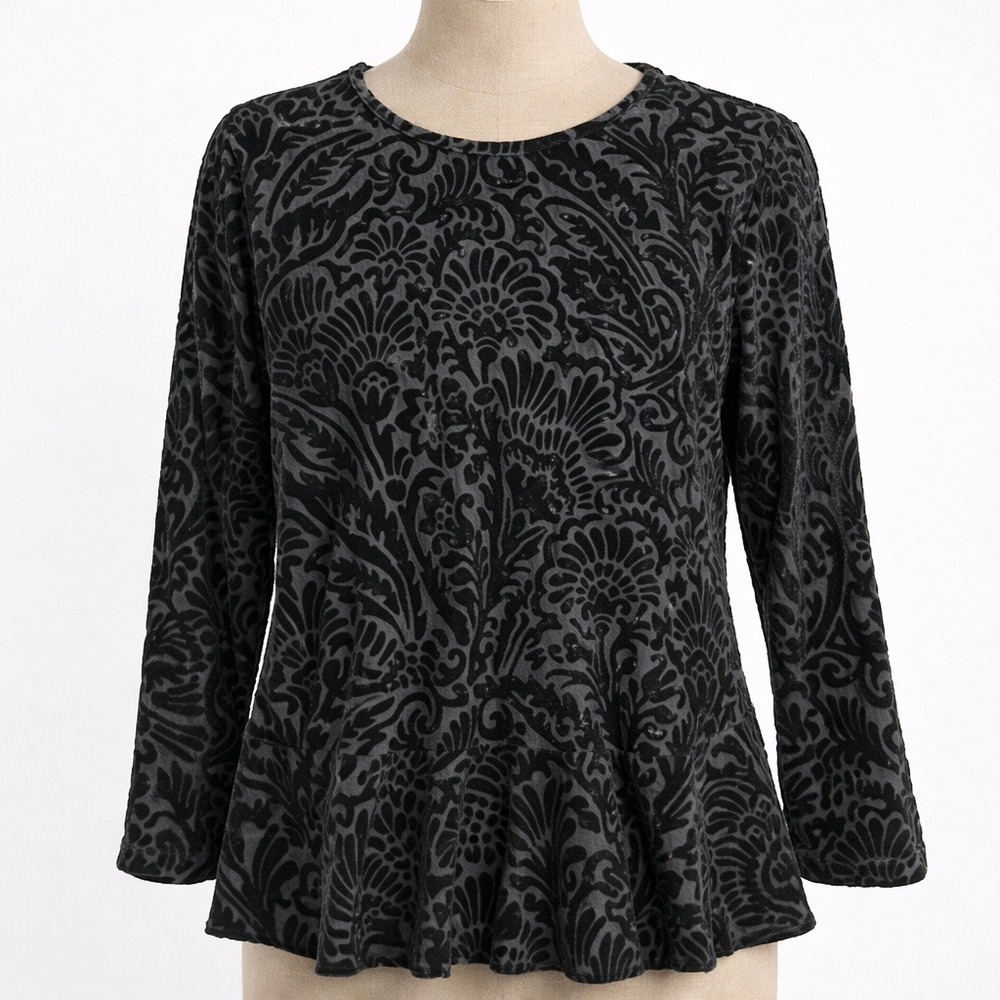 LRL Whimsigoth Velvet Burnout Peplum Top Sz M Black Witchy Paisley Dark Romantic
